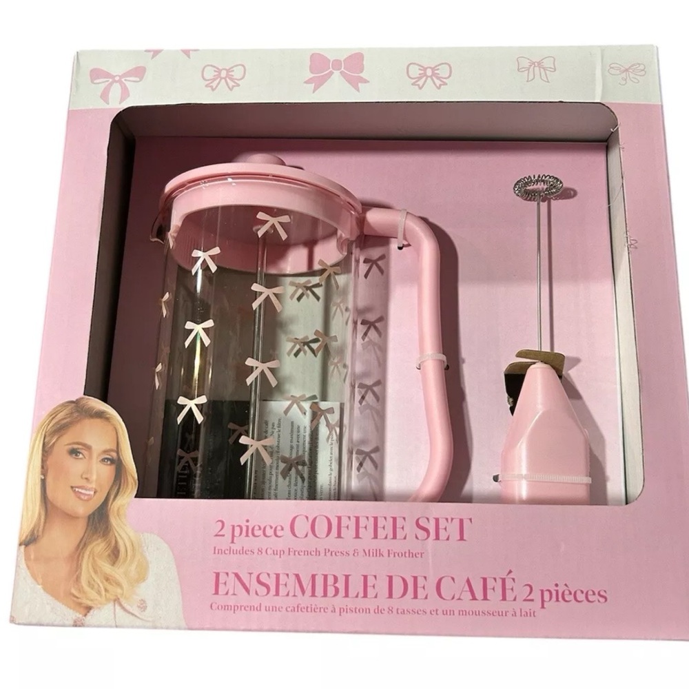 Paris Hilton 8-Cup Coffee French Press & Handheld Milk Frother, bow design Pink